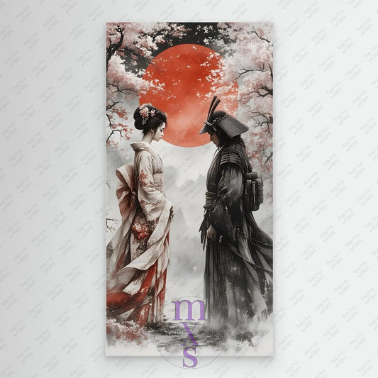 Canvas print of a traditional Japanese couple under cherry blossoms with a red sun in the background.