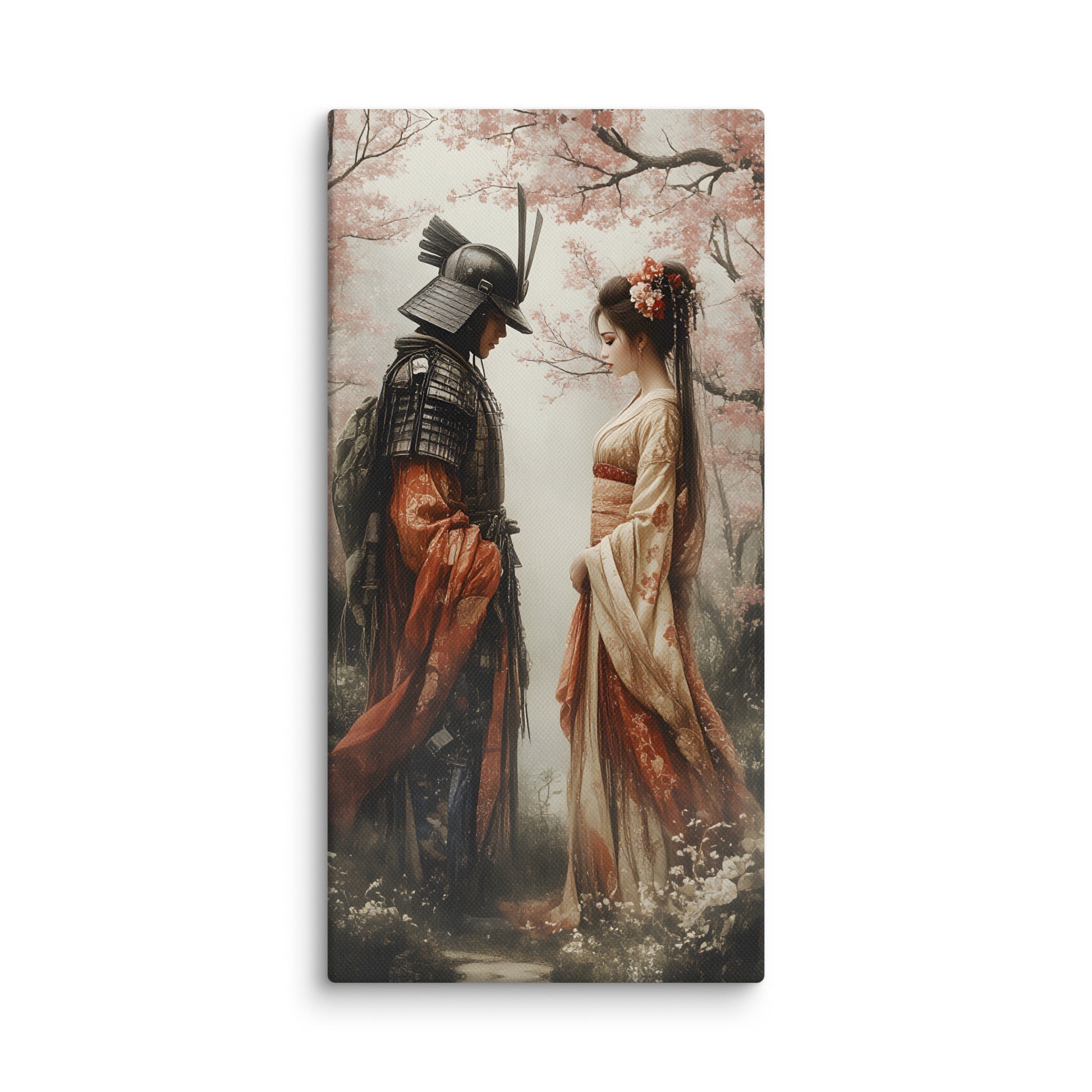 Canvas print of a Samurai and a long-haired Geisha under cherry blossoms.  Embrace timeless elegance with this breathtaking canvas print featuring a samurai and long-haired geisha beneath a canopy of cherry blossoms. The composition captures a fleeting moment where strength meets grace—the warrior's stoic presence complemented by the geisha's flowing locks and delicate beauty, all enveloped by soft, falling petals. Rich cultural details and romantic atmosphere create a mesmerising focal point that celebrate