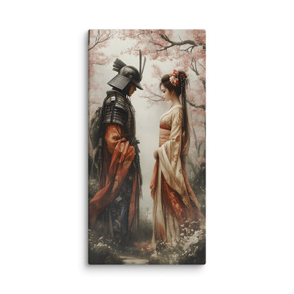 Canvas print of a Samurai and a long-haired Geisha under cherry blossoms.  Embrace timeless elegance with this breathtaking canvas print featuring a samurai and long-haired geisha beneath a canopy of cherry blossoms. The composition captures a fleeting moment where strength meets grace—the warrior's stoic presence complemented by the geisha's flowing locks and delicate beauty, all enveloped by soft, falling petals. Rich cultural details and romantic atmosphere create a mesmerising focal point that celebrate