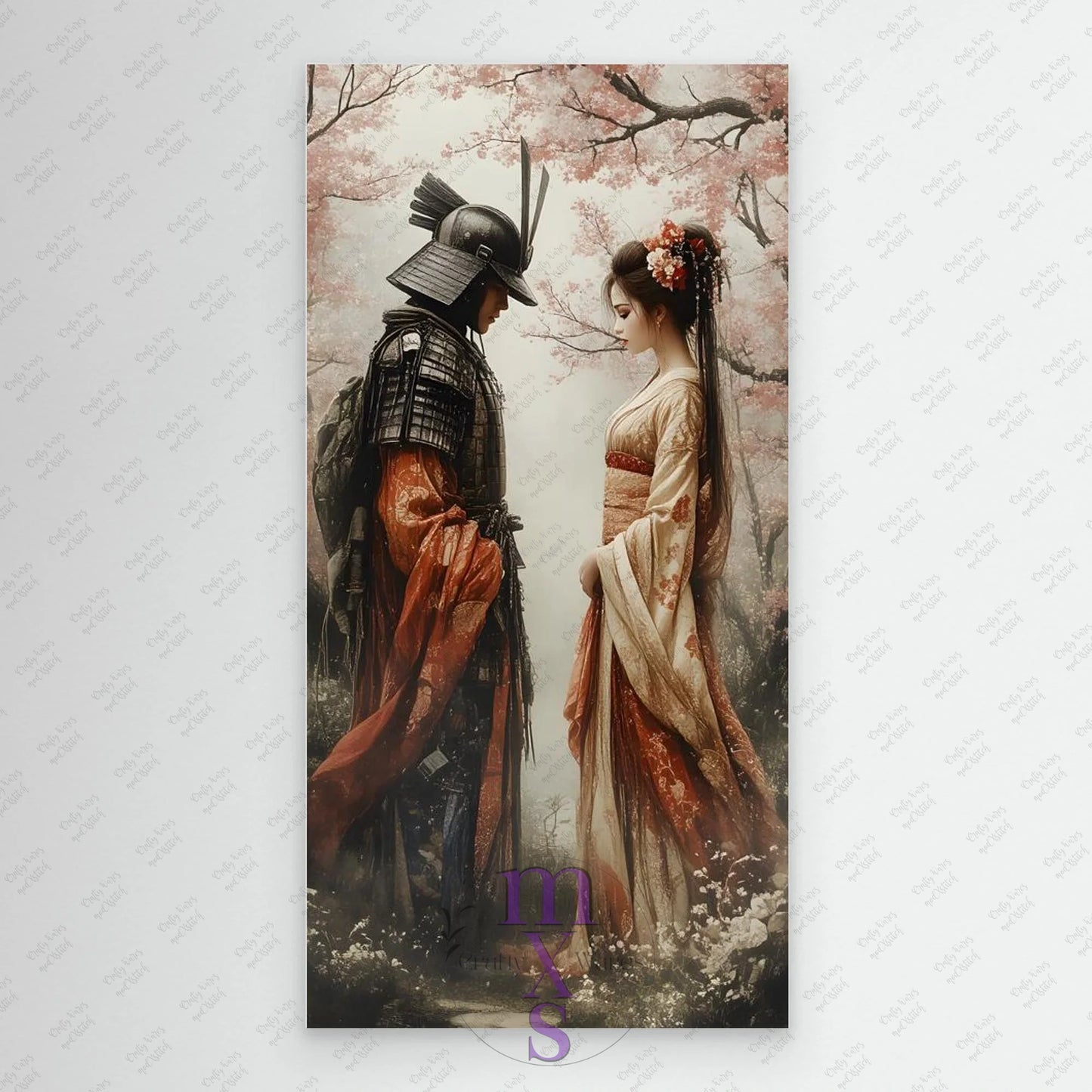 Painting of a Samurai and a woman in traditional attire standing close together in a cherry blossom tree.