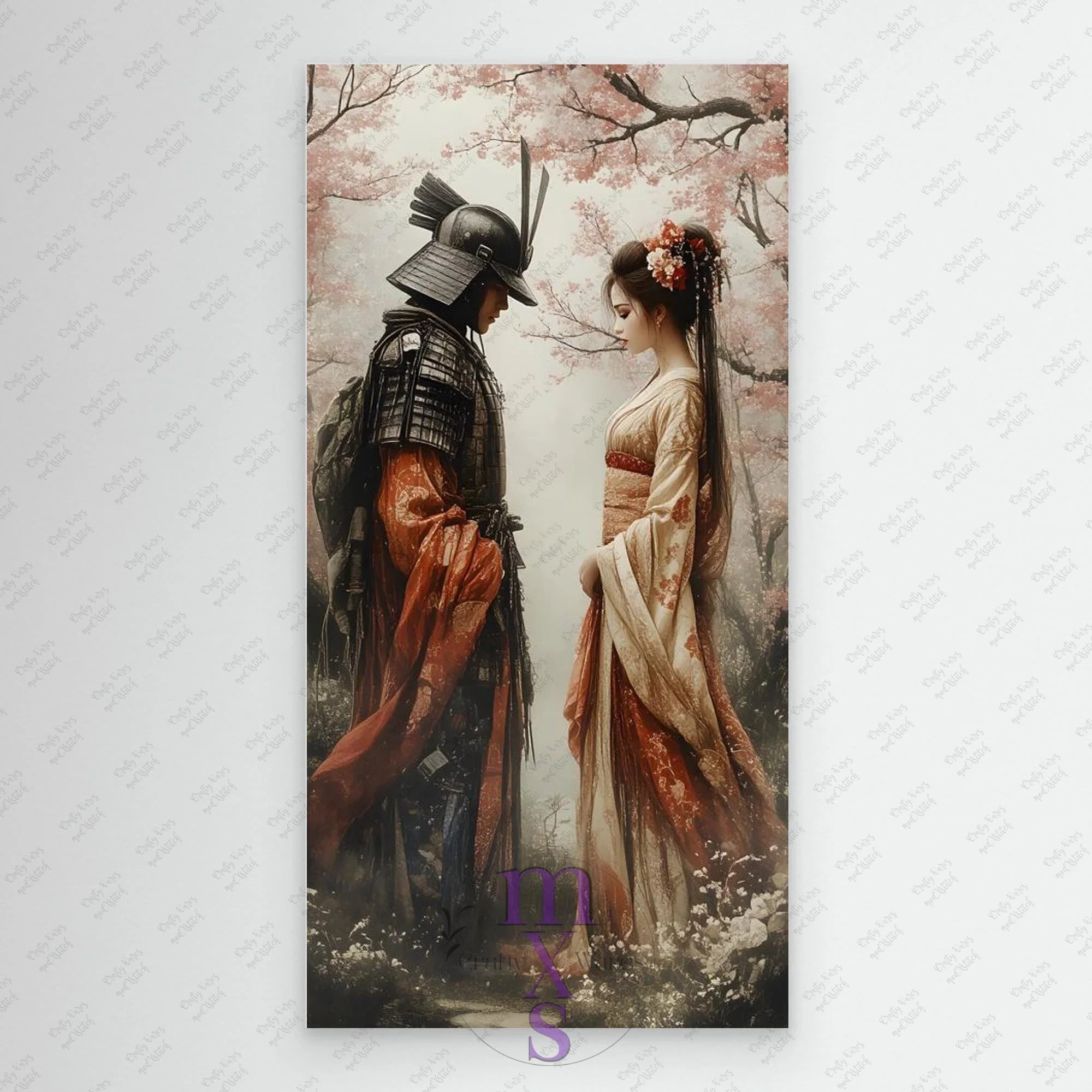 Painting of a Samurai and a woman in traditional attire standing close together in a cherry blossom tree.