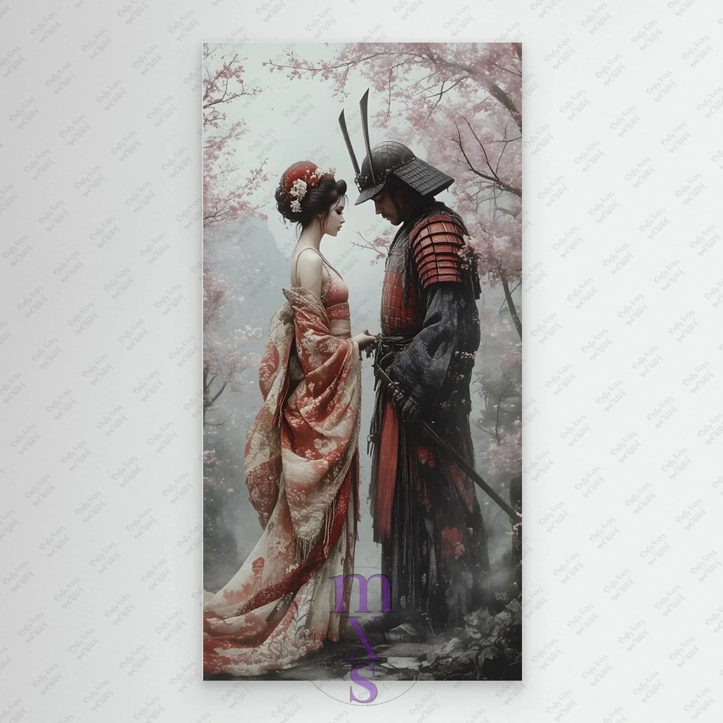 Painting of a Samurai and Geisha in a cherry blossom setting