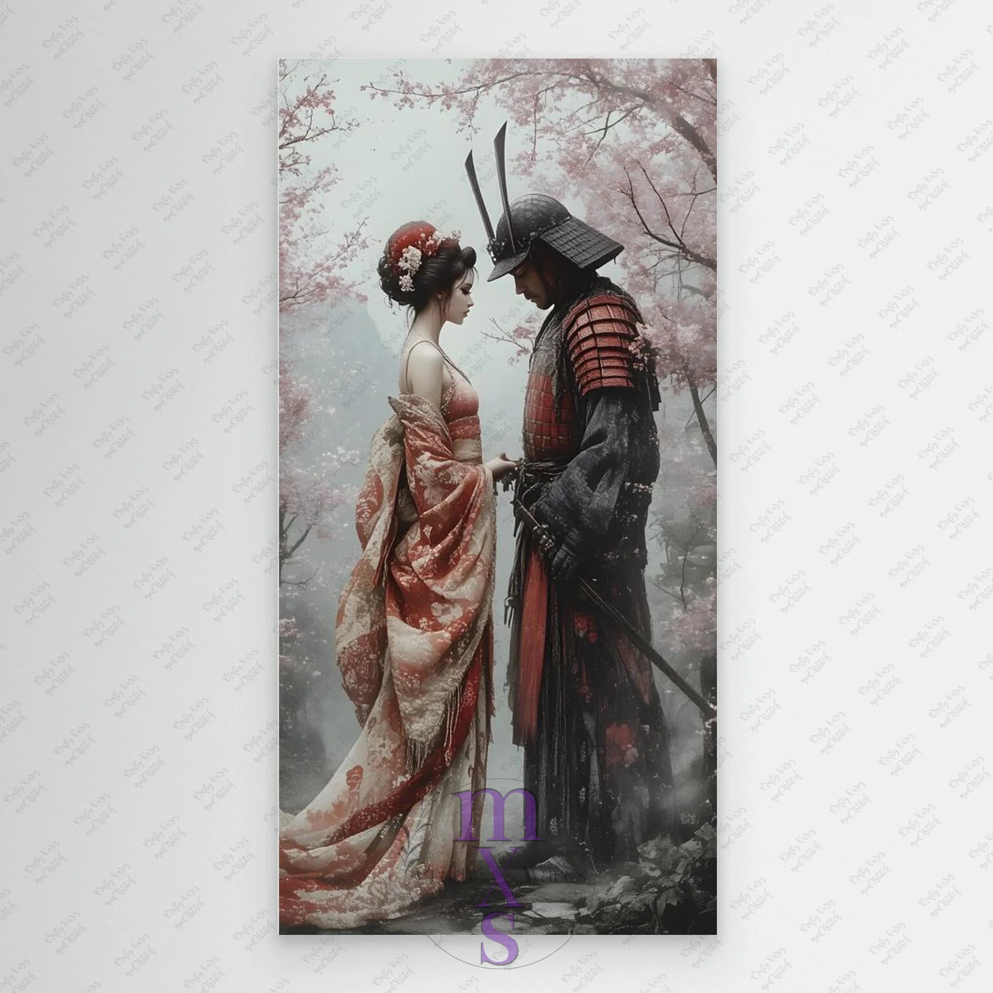 Painting of a Samurai and Geisha in a cherry blossom setting