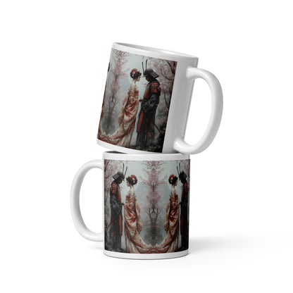 mugs stacked on top of each other with artistic design of two people in traditional attire.
