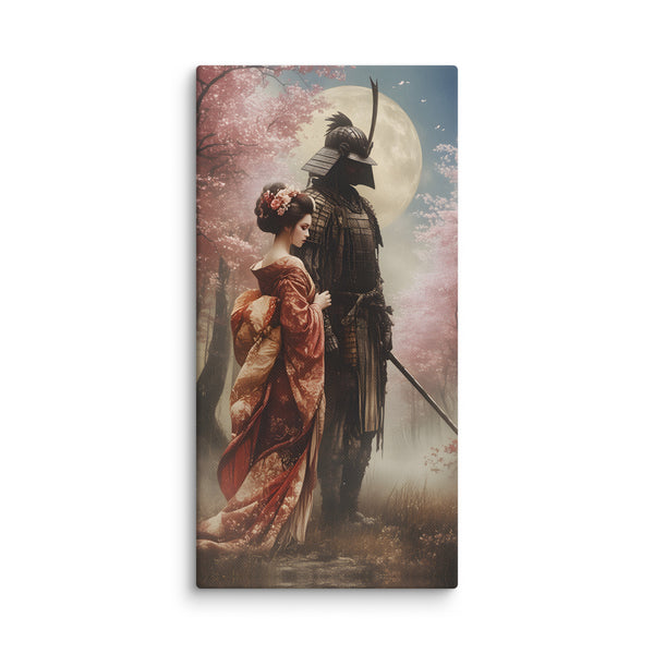 Canvas print of a samurai and a Geisha in a cherry blossom garden with a full moon in the background.  Step into a moonlit moment of Japanese romance with this captivating canvas print featuring a samurai and geisha in exquisite traditional dress, positioned within a luminous cherry blossom garden. A radiant full moon illuminates the scene, casting silvery light across delicate petals and creating an atmosphere of timeless enchantment. The composition balances strength and grace—the warrior's commanding 