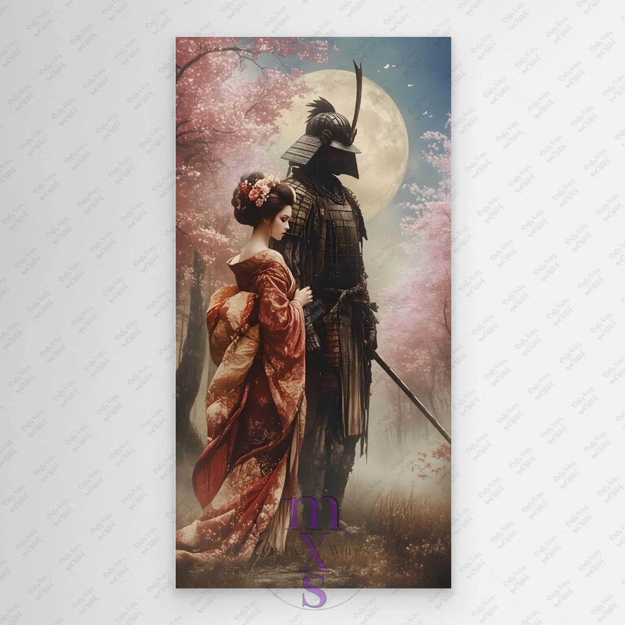 Framed artwork of a samurai and geisha under cherry blossoms with a full moon.