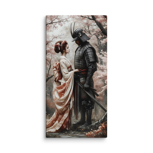 Canvas print of a samurai and a woman in traditional attire standing in a cherry blossom forest.  Transport yourself to feudal Japan with this exquisite canvas print depicting a samurai and geisha in resplendent traditional attire, standing together beneath a canopy of delicate cherry blossoms. The composition harmonises contrasting elegance—the warrior's dignified bearing and the geisha's graceful poise—set against falling petals and soft, ethereal light. Every brushstroke honours Japanese aesthetics, fr