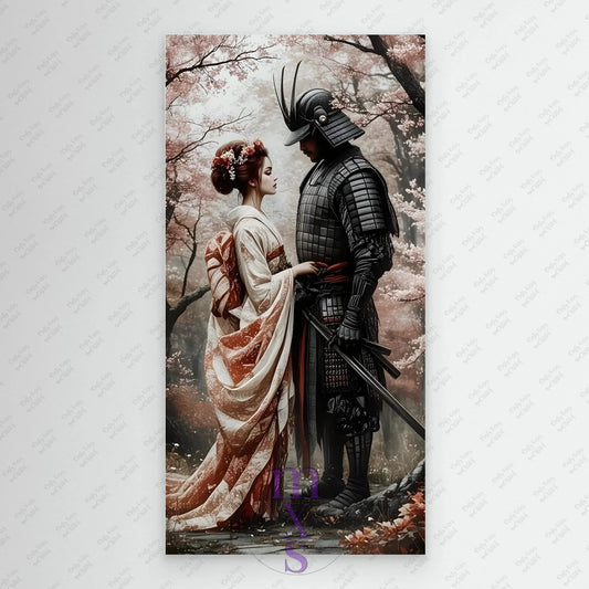 Samurai and woman in a cherry blossom forest