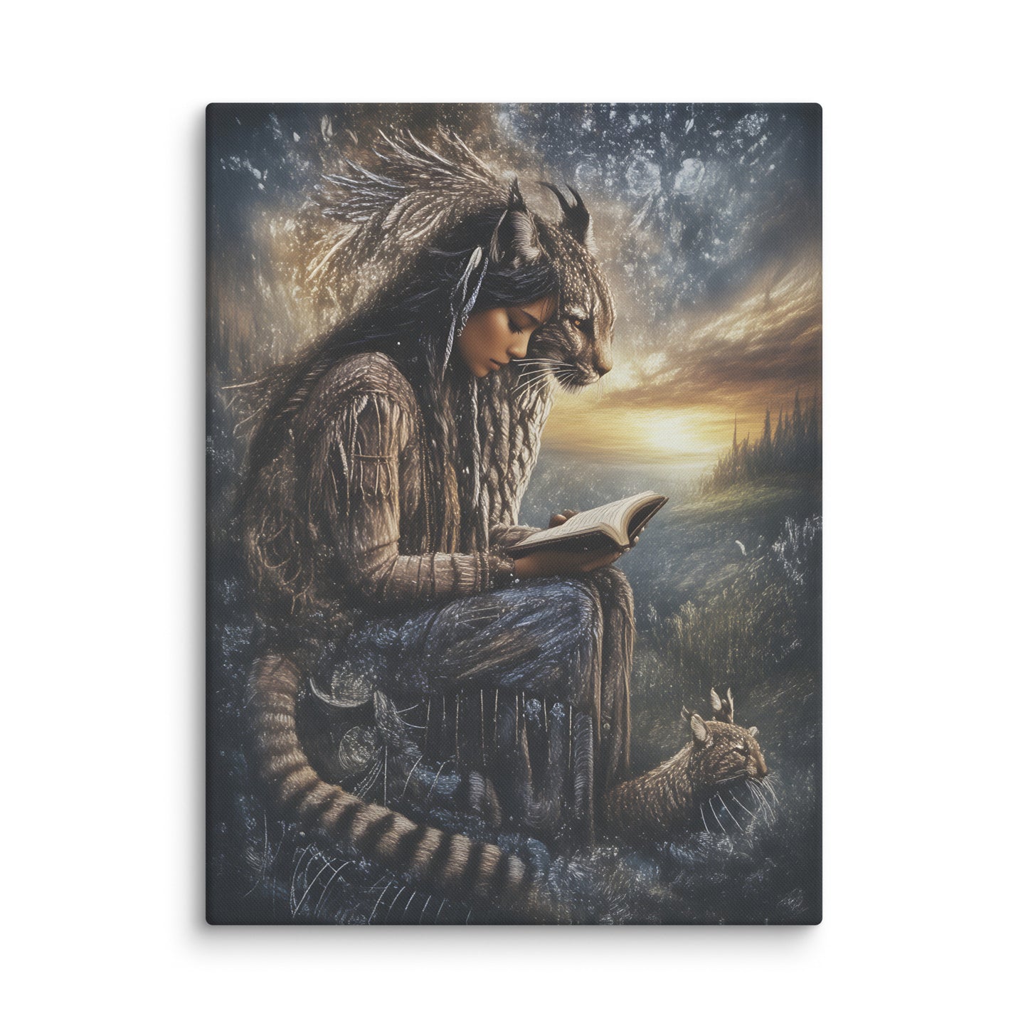 Canvas print of a person sitting with a lynx, reading a book, against a scenic background.  Celebrate the sacred bond between spirit and soul with this stunning canvas print featuring a young Native American woman lost in contemplation with her cherished book, her majestic lynx spirit guide watching protectively beside her. Rendered in fade-resistant colors that honor earth tones and natural beauty, this artwork captures a moment of peaceful wisdom and spiritual connection. Perfect for those who honour
