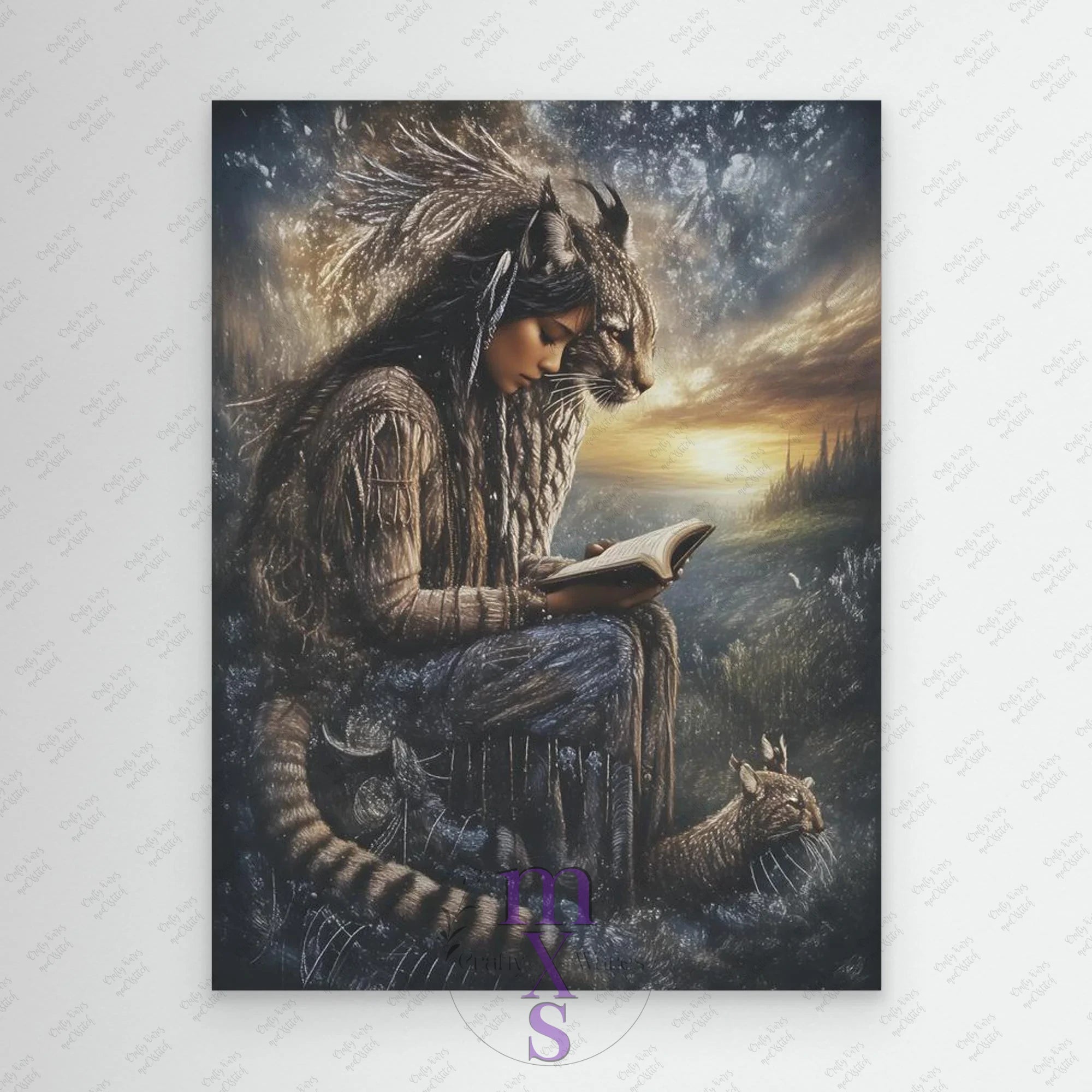 Framed artwork of a person with a cat-like creature, reading a book in a mystical landscape.