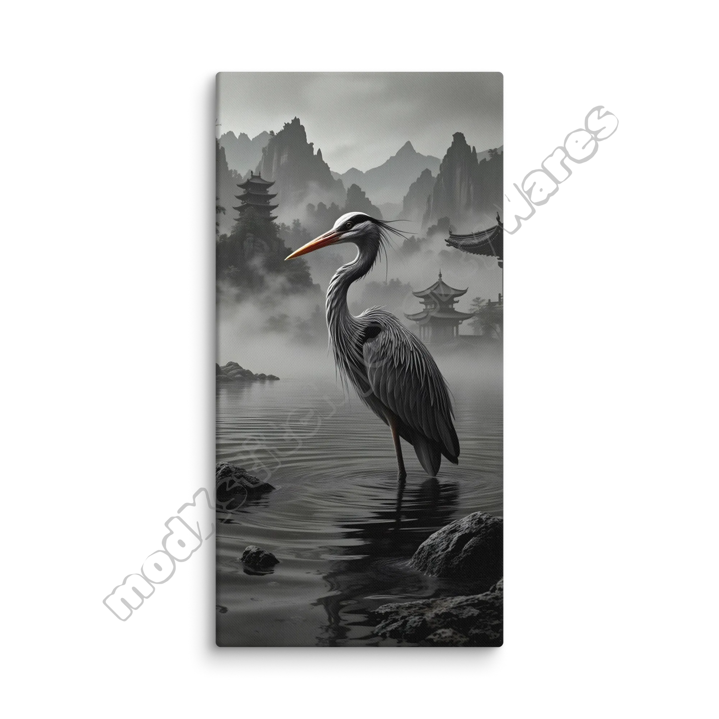 Canvas print with a heron in a misty landscape with mountains and a pagoda.