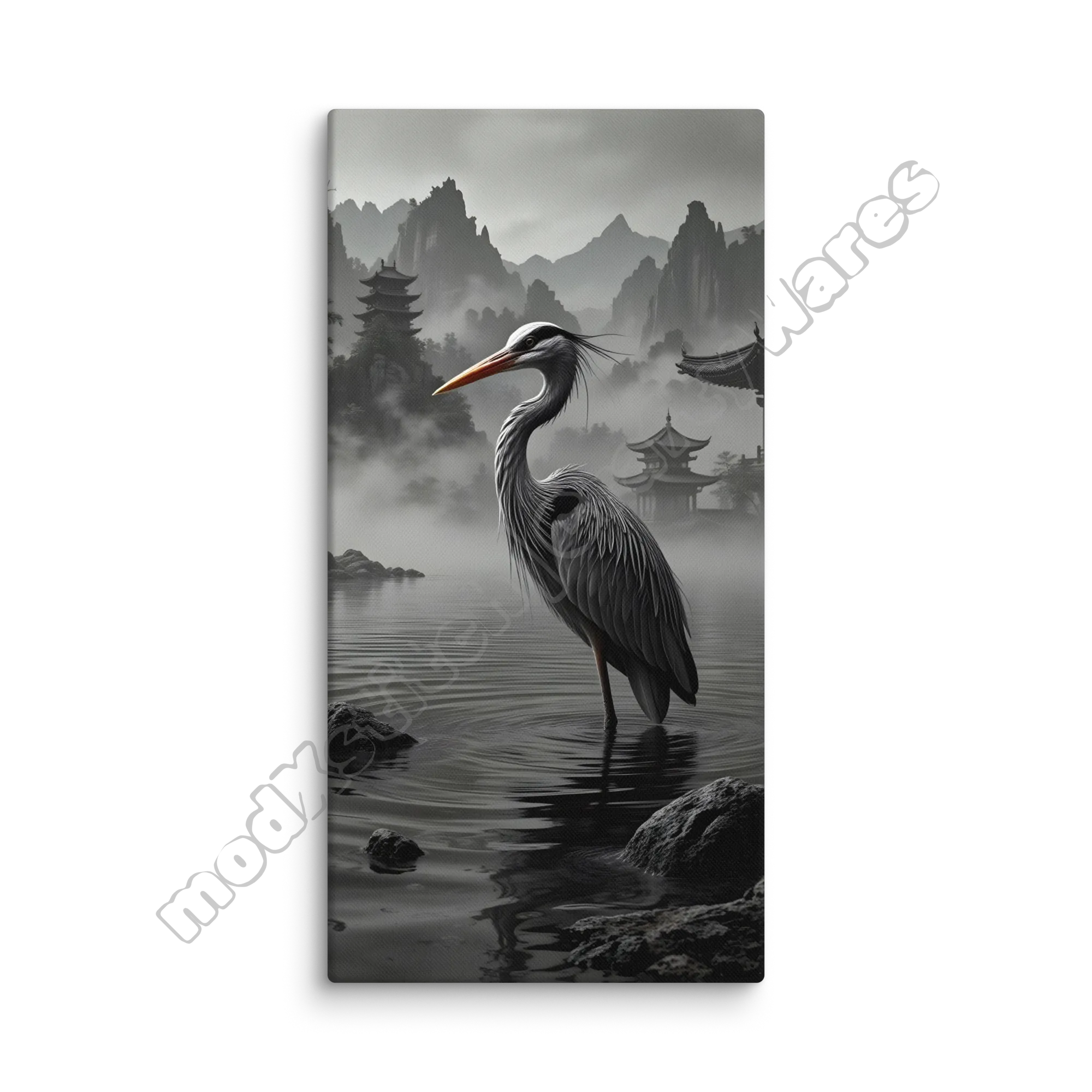 Canvas print with a heron in a misty landscape with mountains and a pagoda.