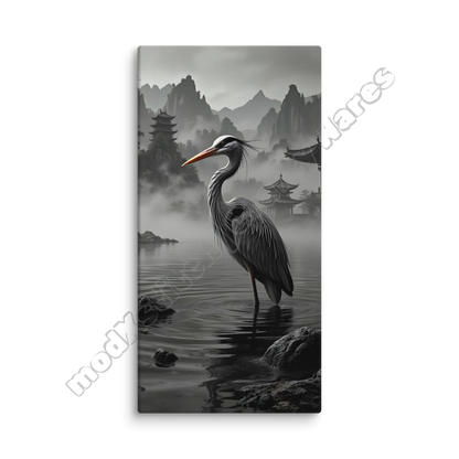 Canvas print with a heron in a misty landscape with mountains and a pagoda.