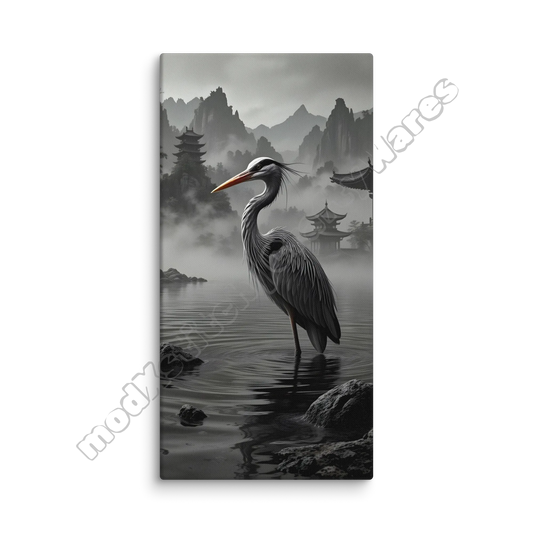 Canvas print with a heron in a misty landscape with mountains and a pagoda.