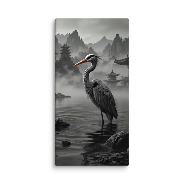 Canvas print with a heron standing in water and mountains in the background.  Celebrate the grace of wildlife with this serene canvas print featuring a majestic heron poised in tranquil waters, with dramatic mountain peaks rising in the distance. The composition captures a moment of natural stillness—rippling reflections, misty peaks, and the bird's elegant posture create a peaceful, contemplative atmosphere. Soft, naturalistic hues blend seamlessly to evoke the quiet beauty of wetland landscapes. 