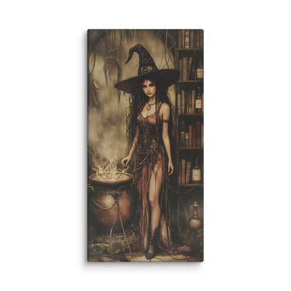 Canvas print of a witch in a dark, mystical setting with books and a cauldron.  Step into a realm of potion-craft with this striking canvas art featuring a solitary witch in shadowed surroundings, surrounded by leather-bound tomes and a bubbling cauldron. The composition weaves together moody atmospherics—swirling vapours, flickering light, and arcane symbols—creating an enchanting focal point for any room. Rendered in rich, fade-resistant colour that preserves their depth and mystery over time, 