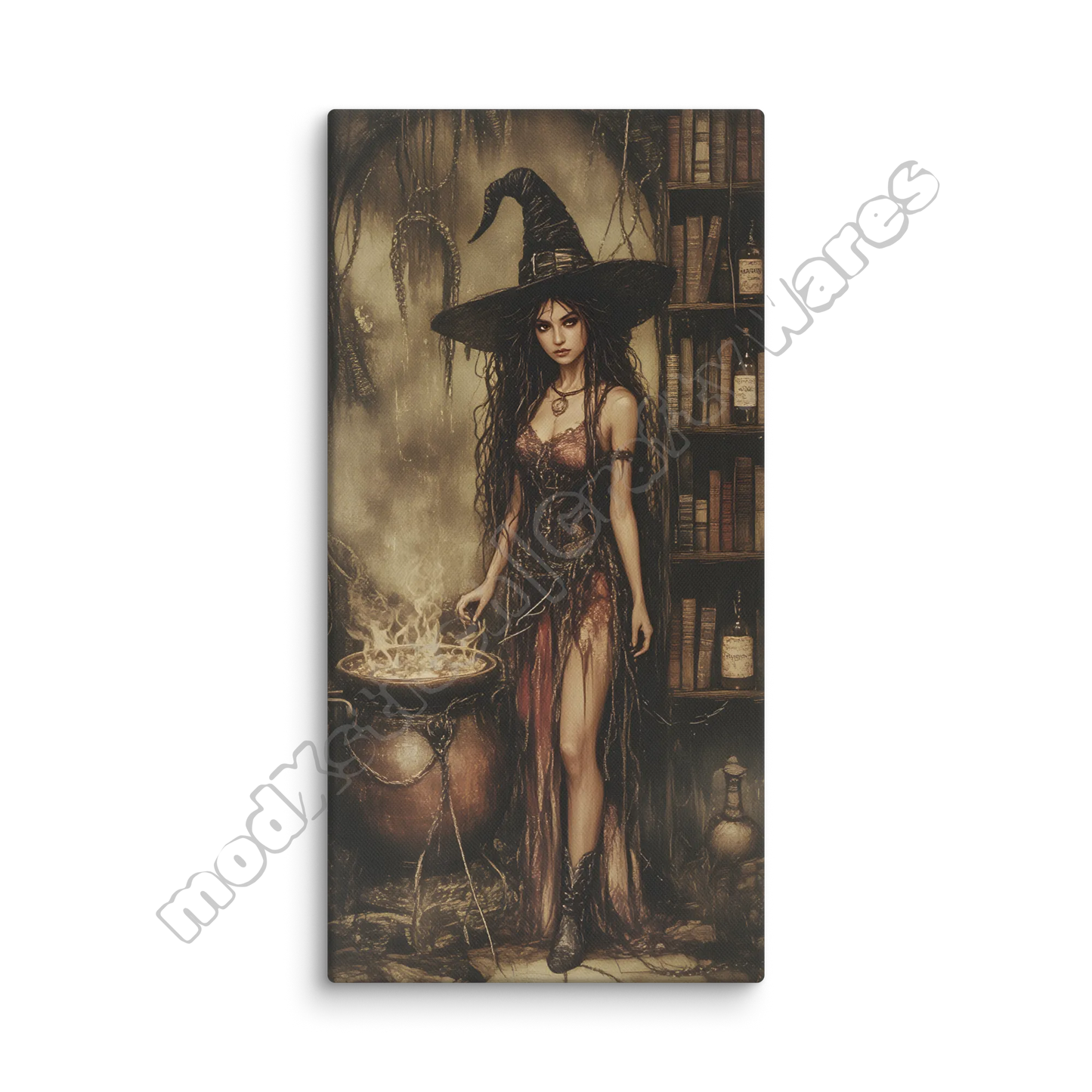 Canvas print of a witch in a library with a cauldron and books.