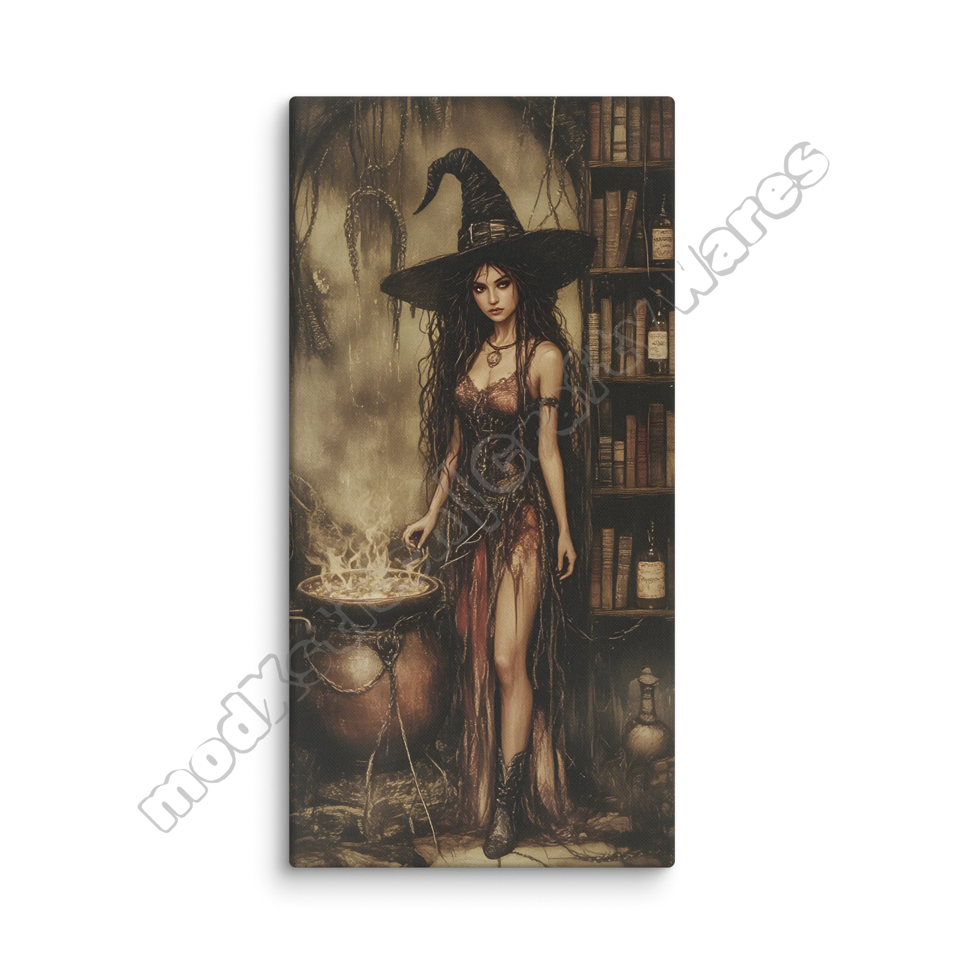 Canvas print of a witch in a library with a cauldron and books.