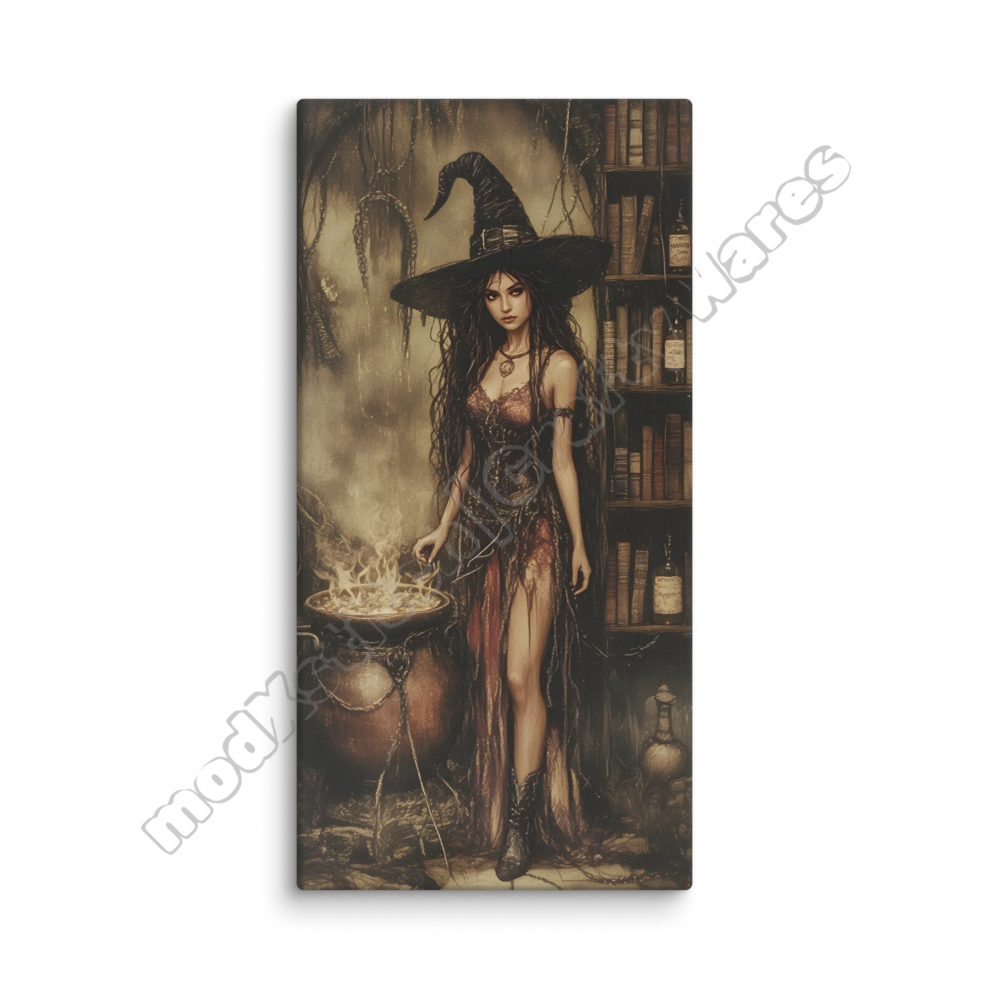 Canvas print of a witch in a library with a cauldron and books.
