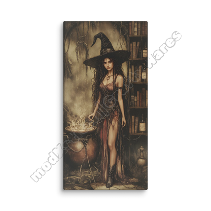 Canvas print of a witch in a library with a cauldron and books.