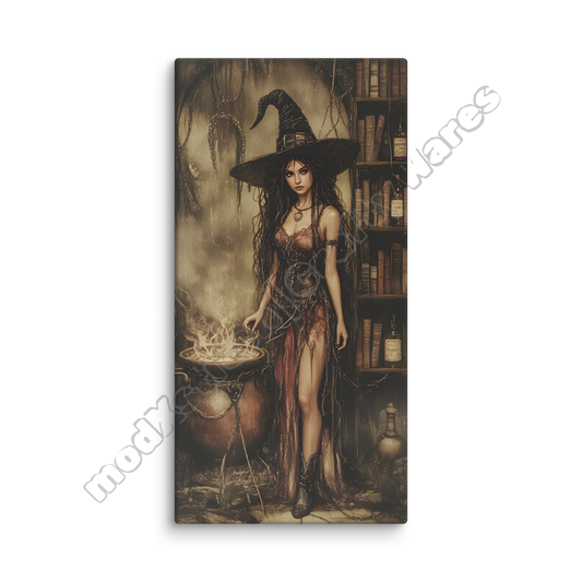 Canvas print of a witch in a library with a cauldron and books.