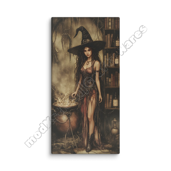 Canvas print of a witch in a library with a cauldron and books.