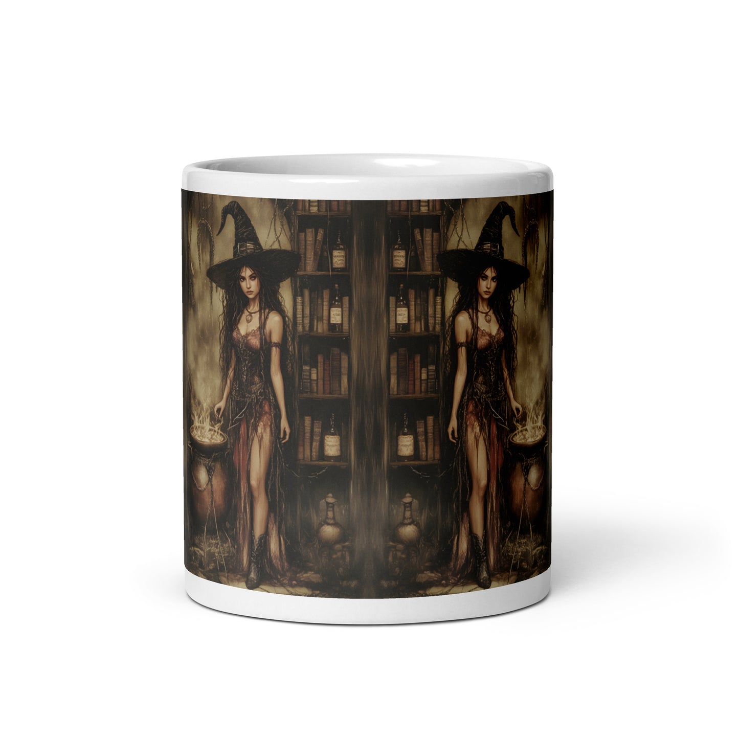 Mug with a design of a witch in a library on a white background
