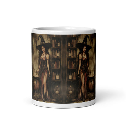 Mug with a design of a witch in a library on a white background