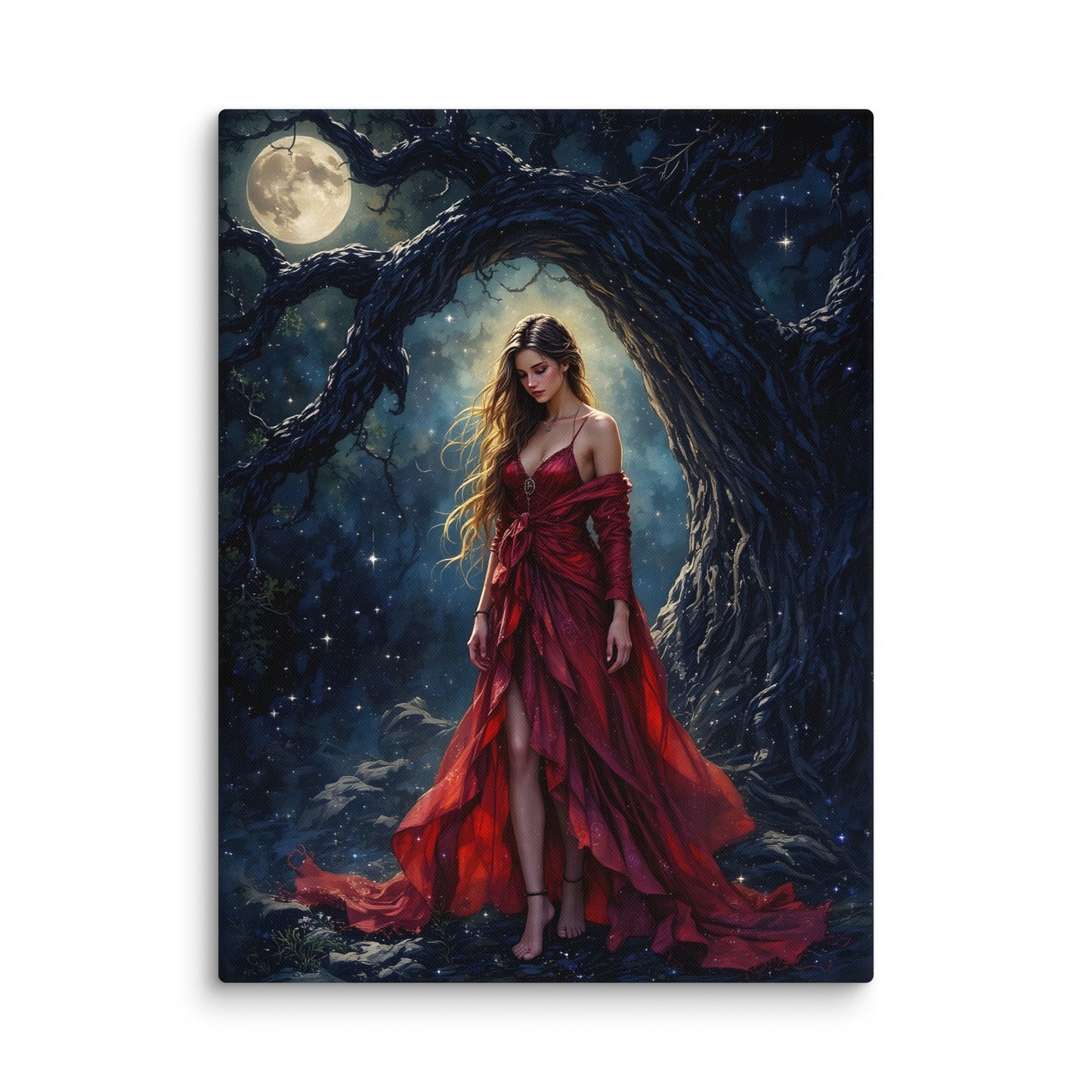 Woman in a red dress standing under a moonlit tree with a dark, mystical background.  Captivate your space with this striking canvas print of a woman in a vivid crimson dress standing beneath a gnarled, moonlit tree against a dark, atmospheric backdrop. The bold red fabric creates a dramatic focal point, contrasting beautifully with shadowed surroundings and silvery lunar light that filters through twisted branches. The composition evokes mystery and solitude—a moment suspended between worlds where nature 