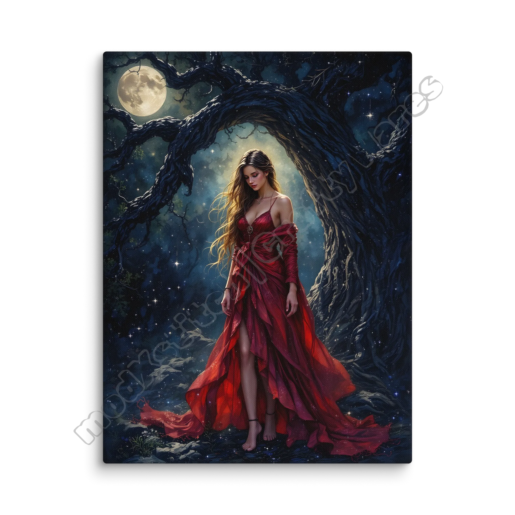 Woman in a red dress standing under a moonlit tree in a fantasy setting