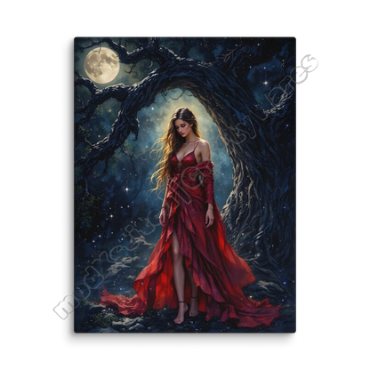 Woman in a red dress standing under a moonlit tree in a fantasy setting
