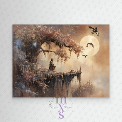 Unframed artwork of a person standing on a dock with birds and a moonlit sky, featuring the brand 'Crafty Wares'.