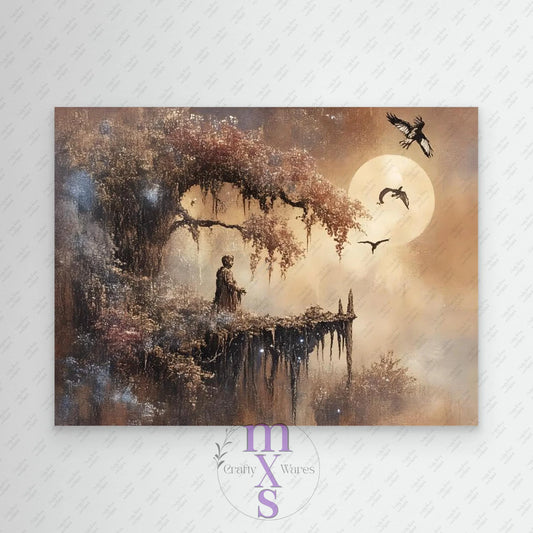 Unframed artwork of a person standing on a dock with birds and a moonlit sky, featuring the brand 'Crafty Wares'.