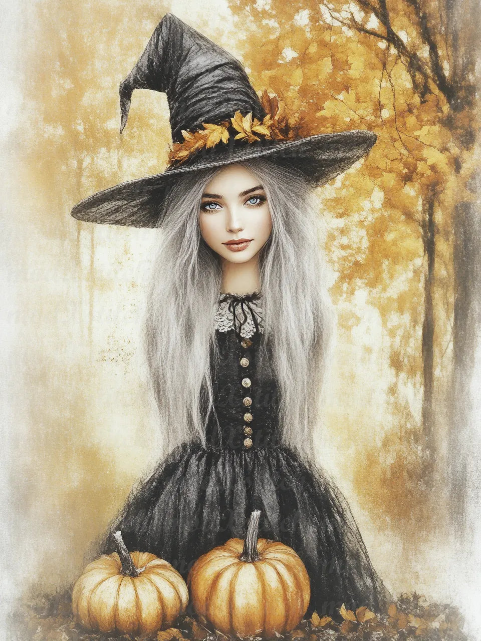 Woman in a witch costume with pumpkins in an autumn setting