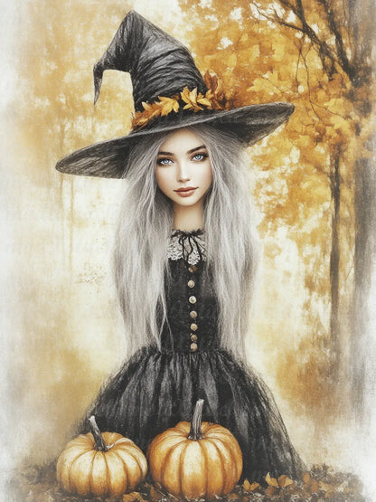 Woman in a witch costume with pumpkins in an autumn setting