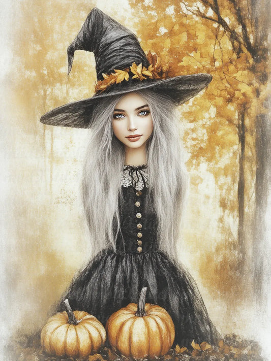 Woman in a witch costume with pumpkins in an autumn setting