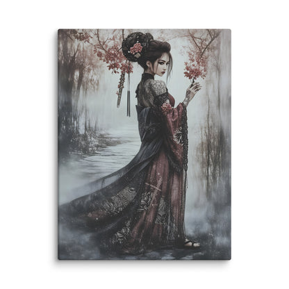 Canvas print of a woman in a traditional outfit standing in a forest with cherry blossoms. Immerse yourself in the serene beauty of Sakura Promenade with this exquisite canvas print. Featuring an elegant figure strolling beneath delicate cherry blossoms, this artwork captures the tranquility and grace of spring in Japan. The premium fade-resistant print delivers rich, vibrant hues that bring the peaceful scene to life. Perfect for creating a calming focal point in bedrooms, living rooms, or meditation space