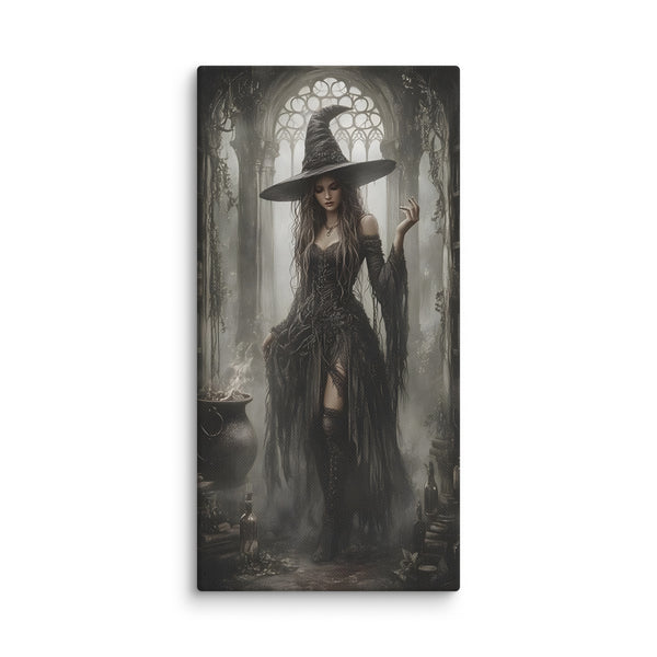 Framed artwork of a witch in a dark, mystical setting with a gothic archway.  Immerse yourself in gothic mystique with this captivating canvas art depicting a solitary witch amid shadowed archways and ancient tomes. The composition masterfully blends candlelit ambiance with intricate details—weathered spines, flickering flames, and mysterious symbols—creating an immersive portal to arcane realms. Crafted with premium, fade-resistant pigments, this piece maintains its haunting beauty for years. Ideal for tho
