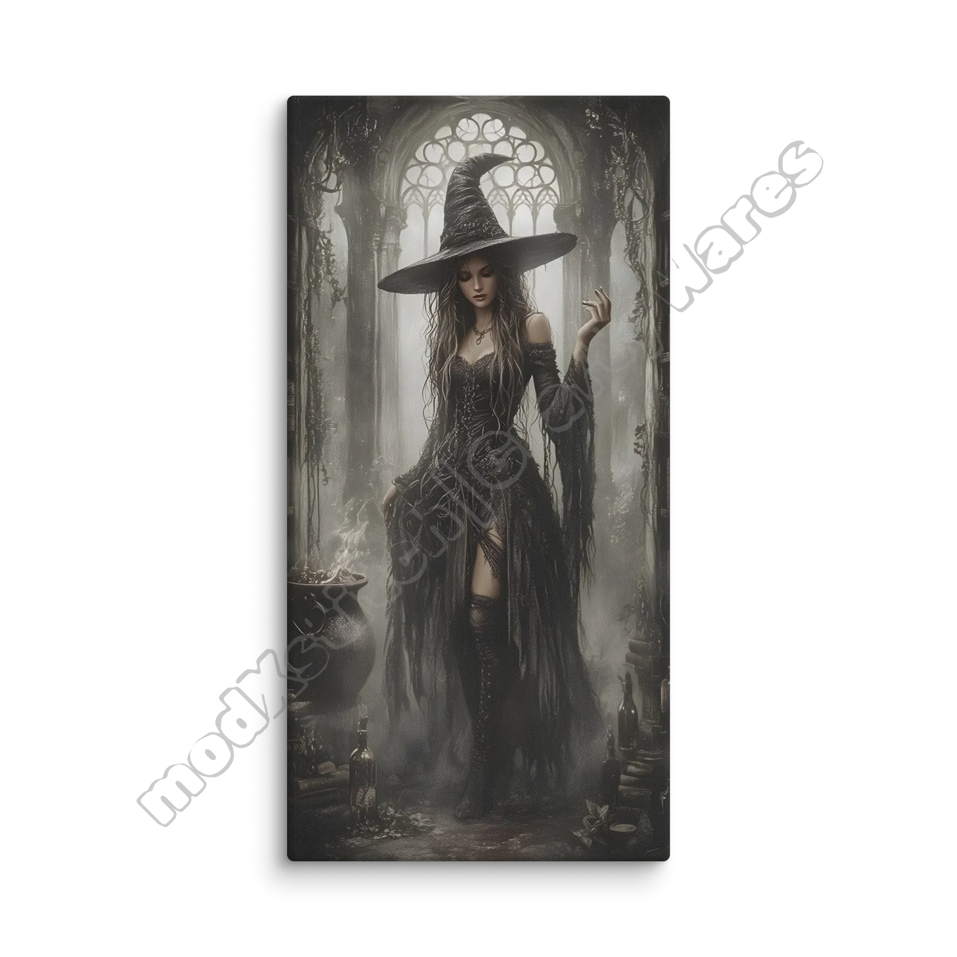 Framed artwork of a witch in a dark outfit with a hat, standing in a mystical setting.