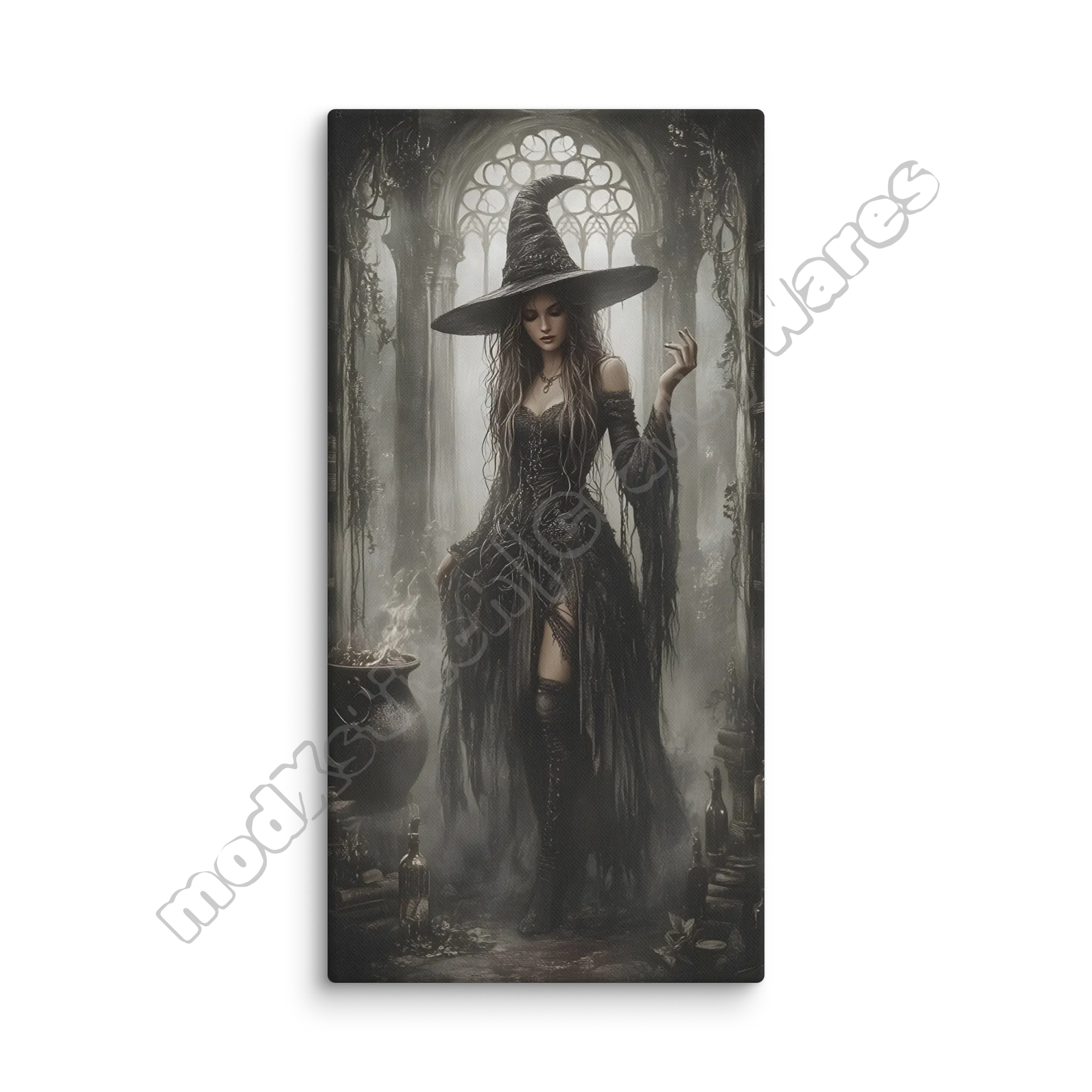 Framed artwork of a witch in a dark outfit with a hat, standing in a mystical setting.
