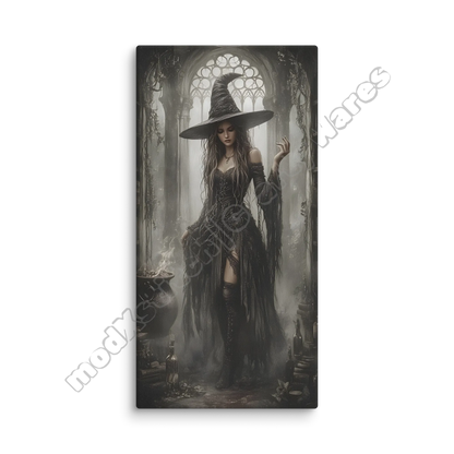 Framed artwork of a witch in a dark outfit with a hat, standing in a mystical setting.