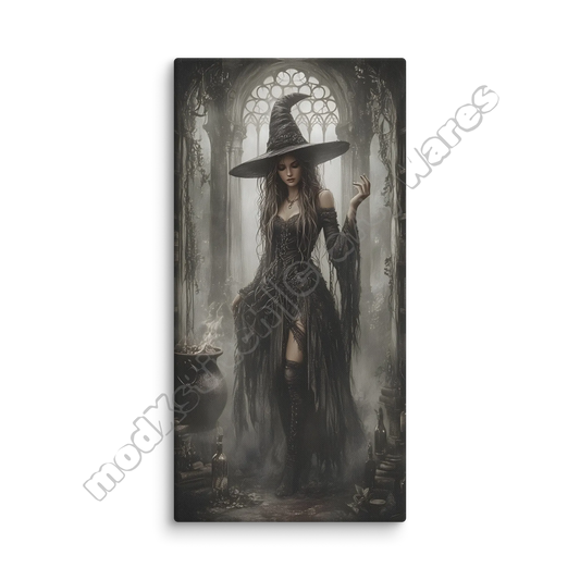 Framed artwork of a witch in a dark outfit with a hat, standing in a mystical setting.