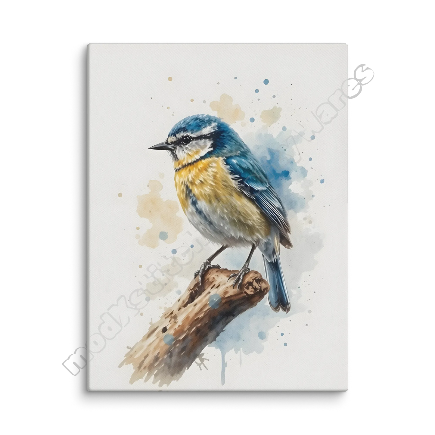 Watercolor painting of a bird perched on a branch with a soft, multicolored background.