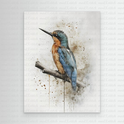 Artistic depiction of a bird perched on a branch with a watercolor texture.