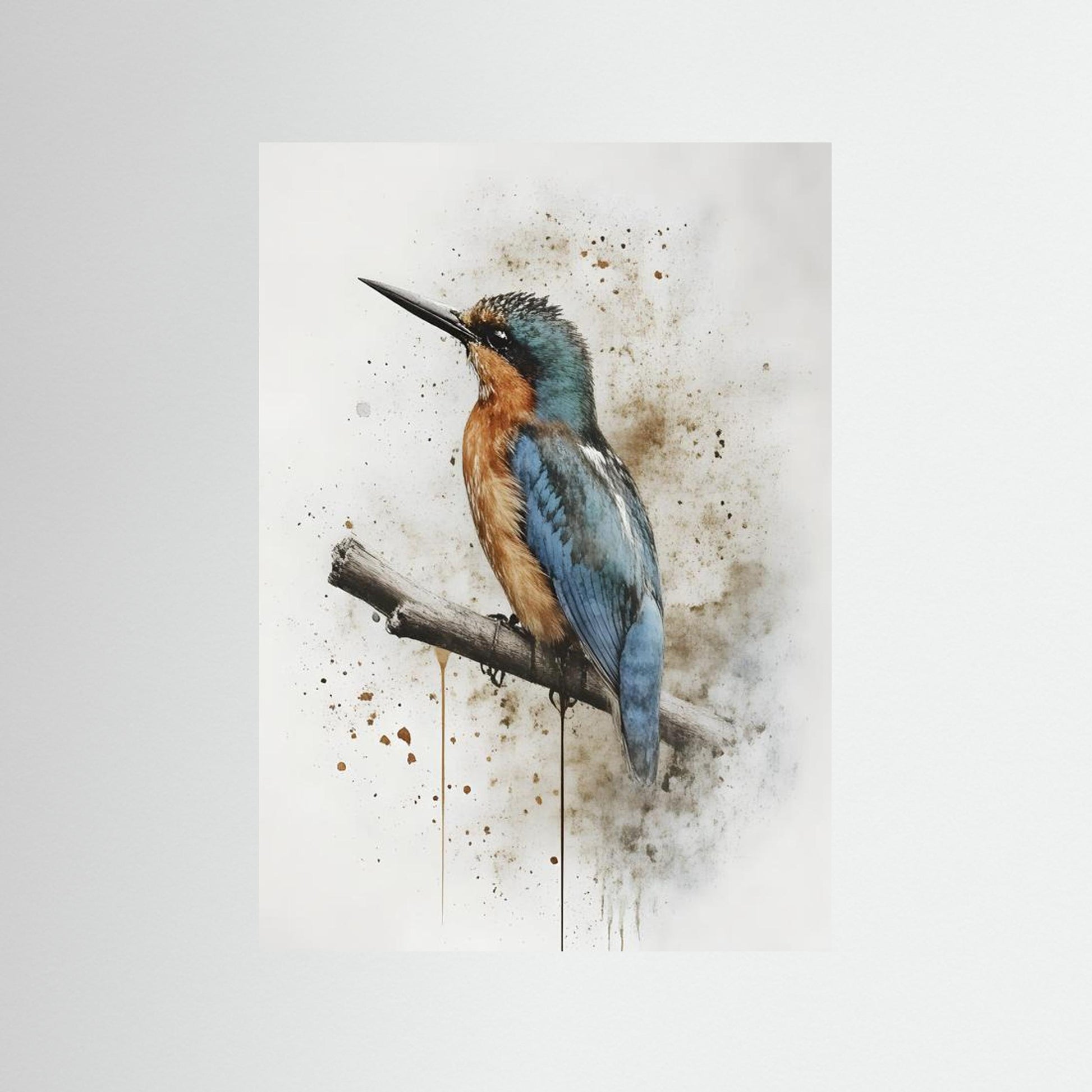 Artistic depiction of a bird perched on a branch with a watercolor texture.