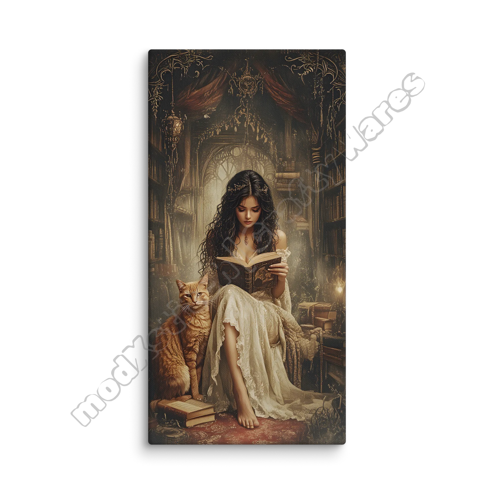 Woman reading a book with a cat in an ornate room