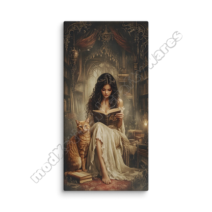 Woman reading a book with a cat in an ornate room