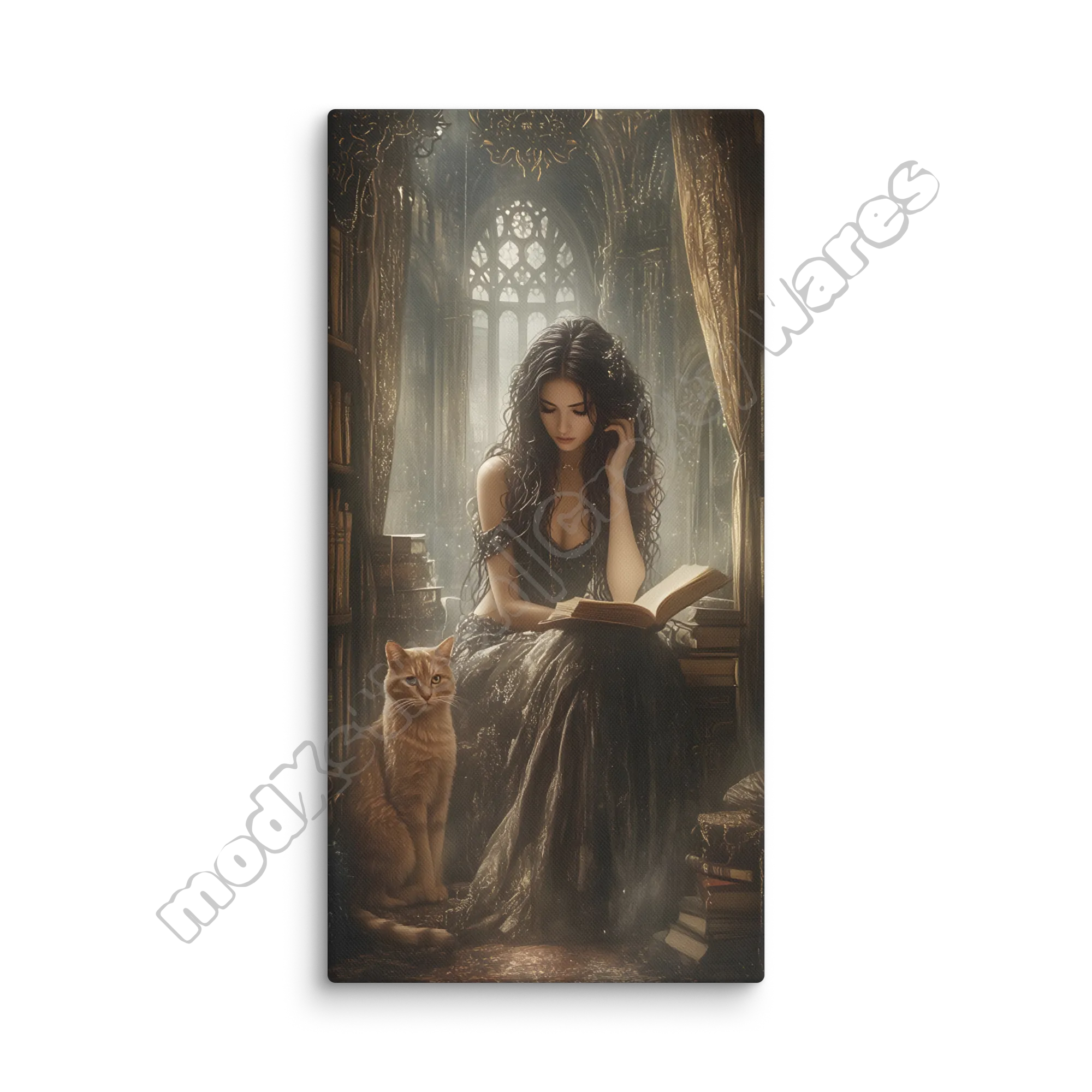 Woman in a long dress sitting with a cat, reading a book in a gothic-style room.