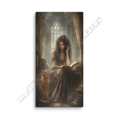 Woman in a long dress sitting with a cat, reading a book in a gothic-style room.