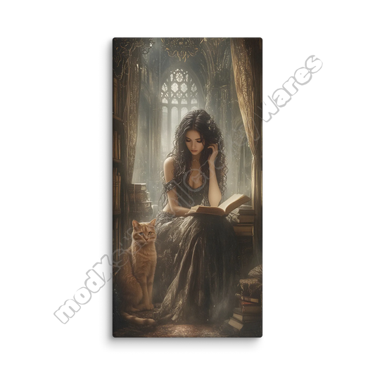 Woman in a long dress sitting with a cat, reading a book in a gothic-style room.
